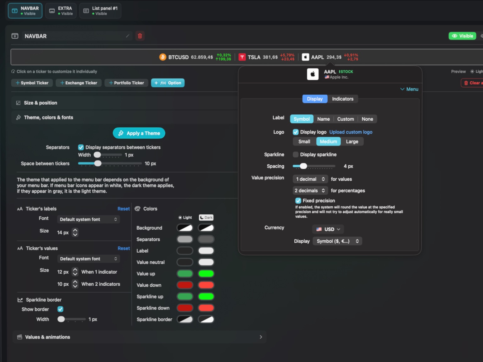 Le panneau de configuration des Bars macOS d'Evibe — Bars, types de tickers, thèmes, couleurs, polices, indicateurs, précision des valeurs et devise, avec une fenêtre de personnalisation par ticker ouverte.