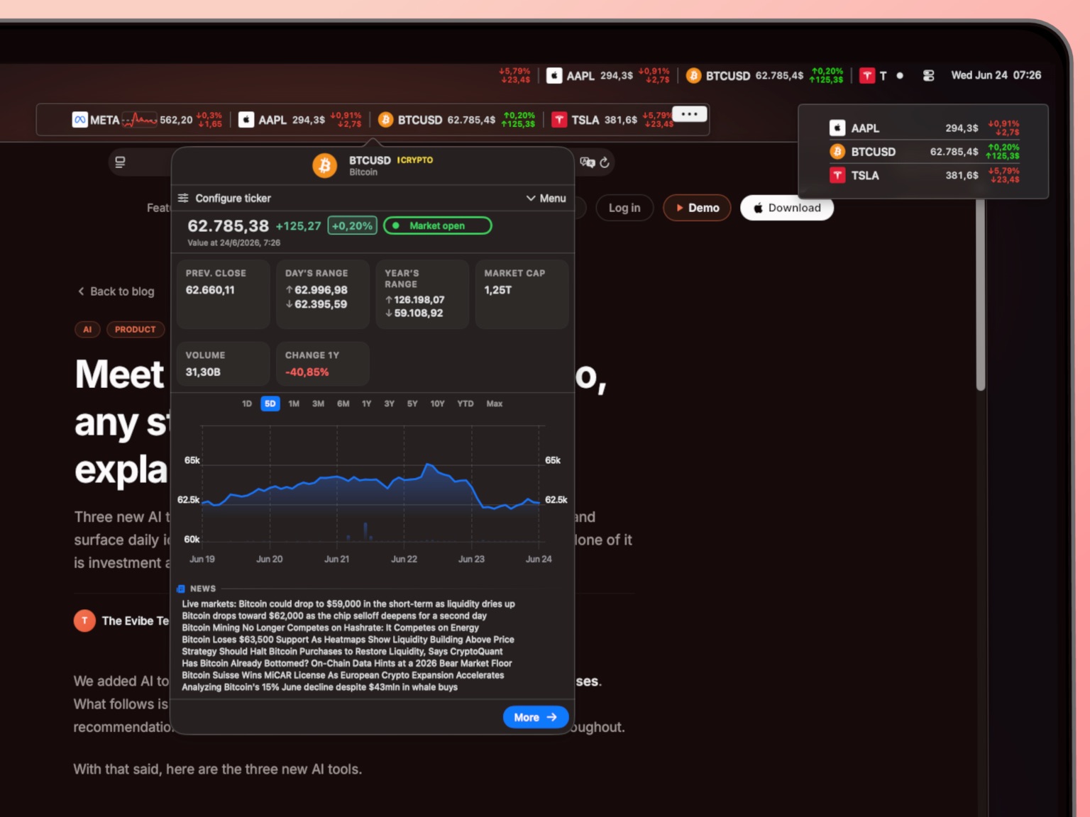 Bars macOS et tickers de menu bar d'Evibe affichant les cotations en direct de META, AAPL, BTC et TSLA en haut d'un bureau Mac, avec le détail d'un ticker ouvert.