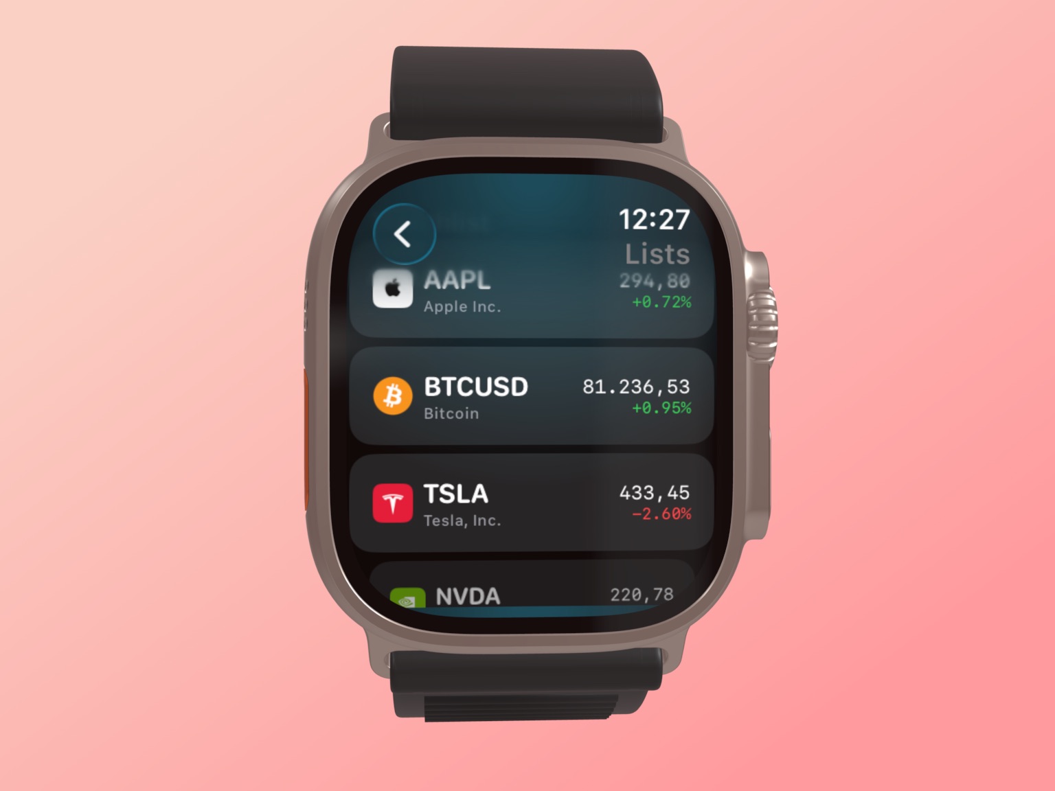 Une Apple Watch Ultra exécutant l’app Evibe, affichant une watchlist en direct avec les cotations et variations du jour pour AAPL, Bitcoin, TSLA et NVDA.