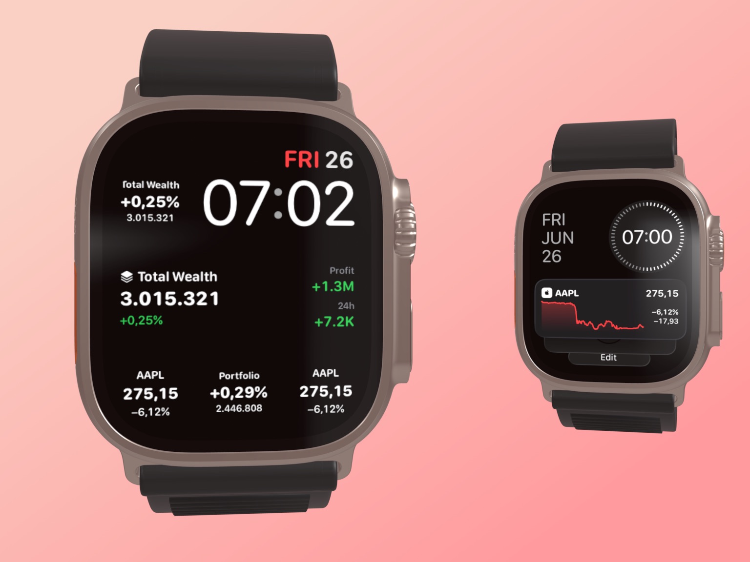Une Apple Watch Ultra affichant un cadran Evibe avec des complications en direct — patrimoine total, cours AAPL et variation du portefeuille — à côté d’un widget Evibe dans le Smart Stack.