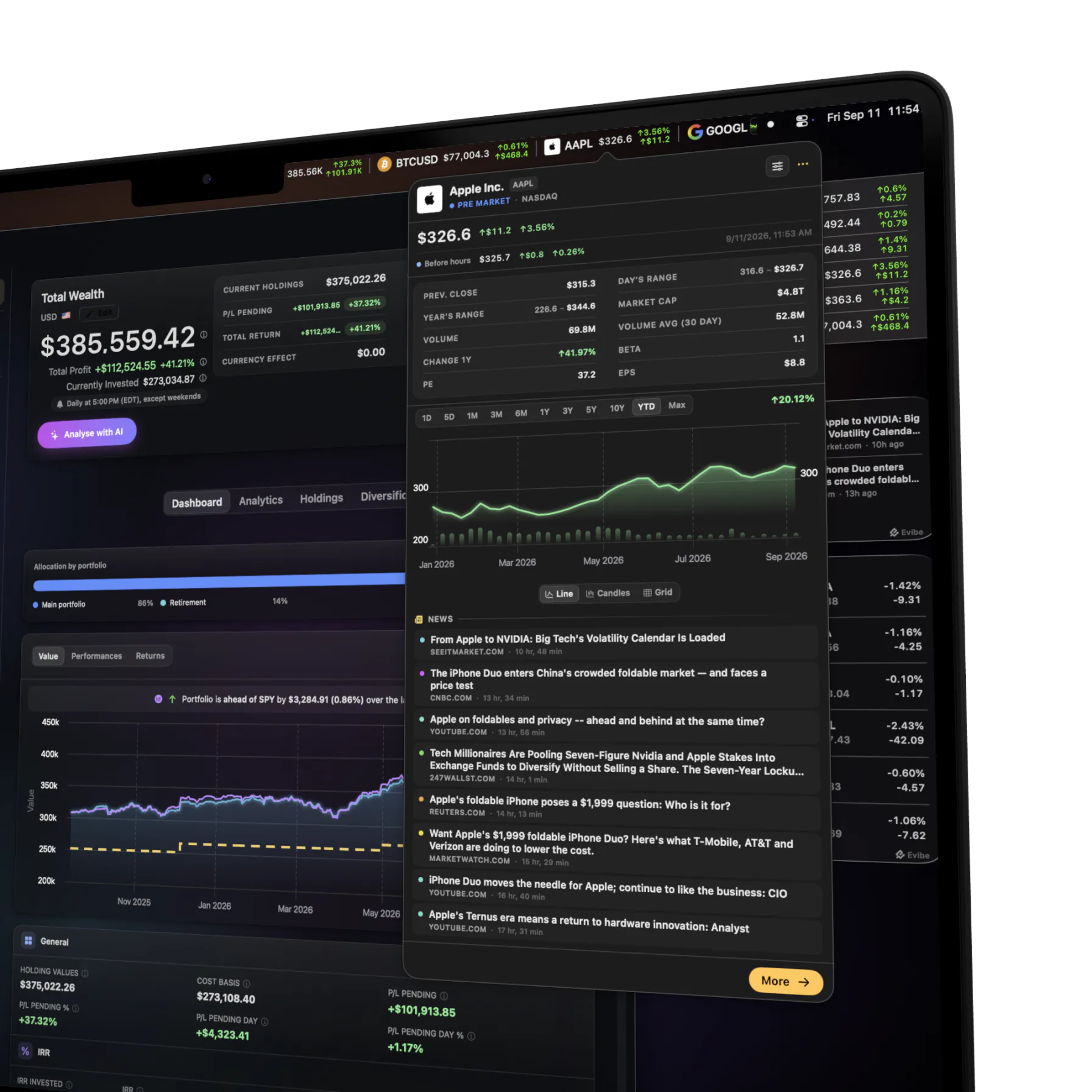 Un MacBook con Evibe — tickers en vivo en la barra de menús para BTCUSD, AAPL y GOOGL con precio y variación del día, y el popover del ticker AAPL abierto sobre el panel de Patrimonio total, con la cotización pre-mercado, estadísticas clave, un gráfico del año en curso y las últimas noticias.