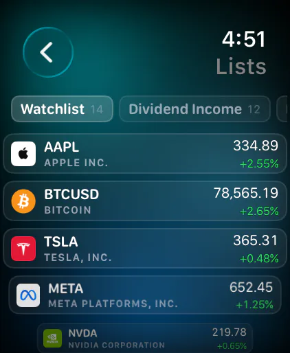 La pantalla Listas de la app de Evibe en Apple Watch Ultra — la pestaña Watchlist con cotizaciones en vivo y variaciones del día de AAPL, Bitcoin, TSLA, META y NVDA, con una pestaña de lista Dividend Income al lado.